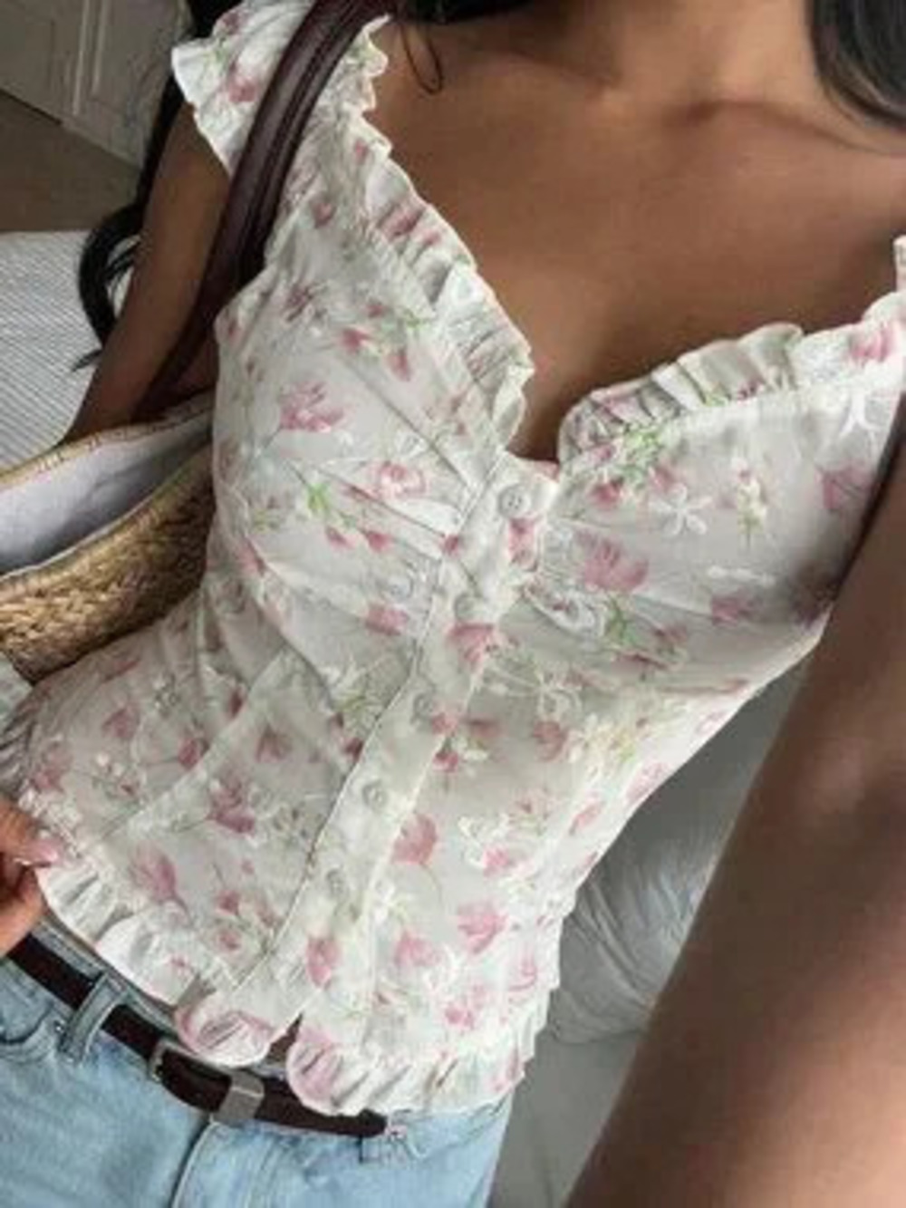 Multicolor Boho Women's Casual Ditsy Floral Frill Trim Single-Breasted Shirt